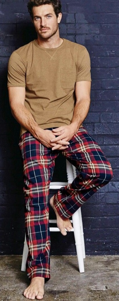 Plaid Flannel Pajamas with brown t-shirt for lounge wear