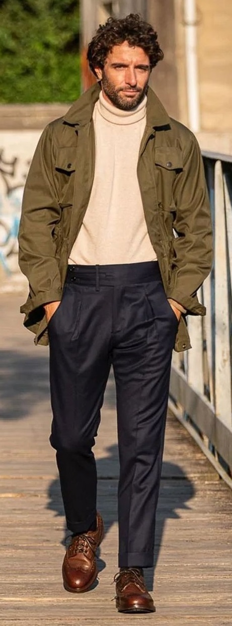 derby leather shoes outfit with a leather pant and a tutle neck tshirt with a green jacket