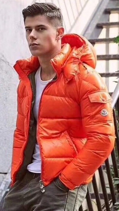 Hooded Puffer Jacket in orange color with white vested top