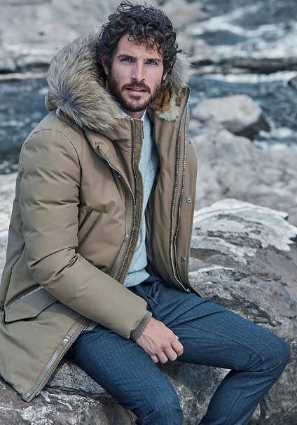 Parka-Style Puffer Jacket in brown color, sitting on a rock