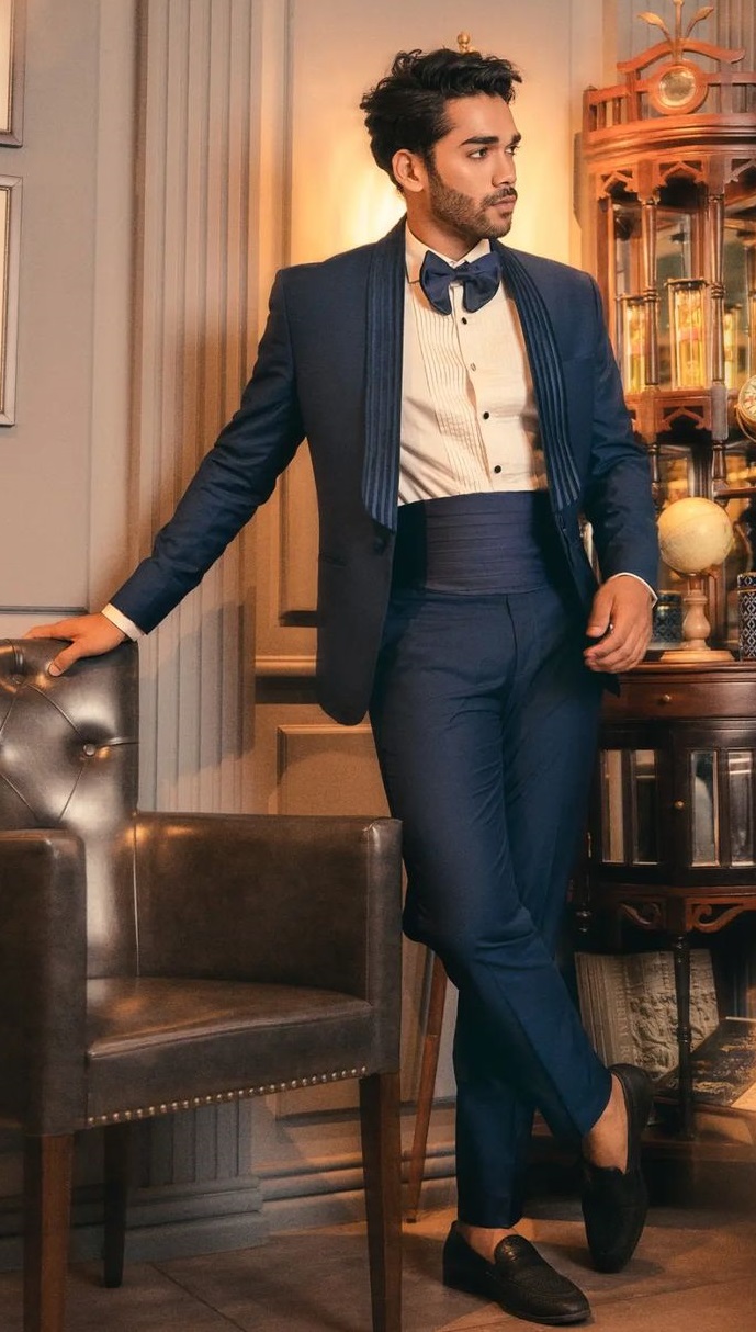 charming blue suit with a bow tie for a cocktail attire