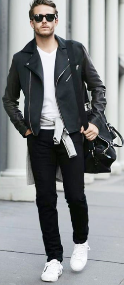 smart casual for birthday outfit with a white tshirt and a black jacket, with black chinos accessorized with shades