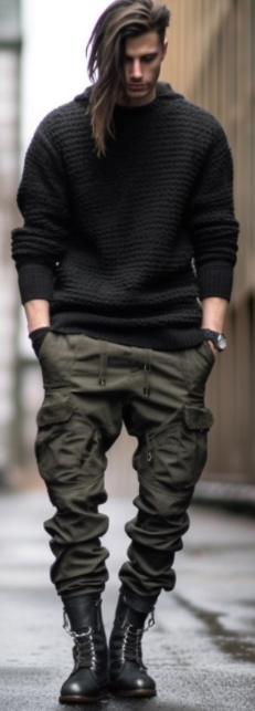 street style cargo pant with black full-sleeved tshirt accessorized with a watch and wearing boots