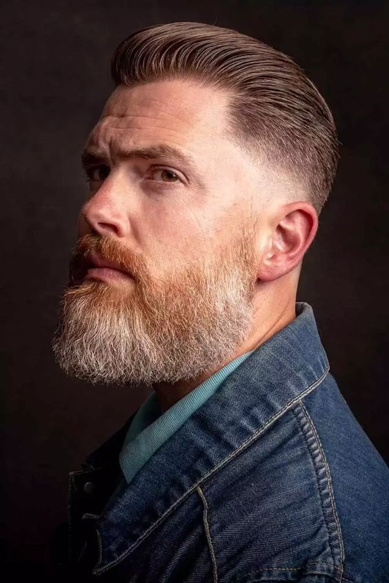 Combover hairstyle with Tapered Beard look