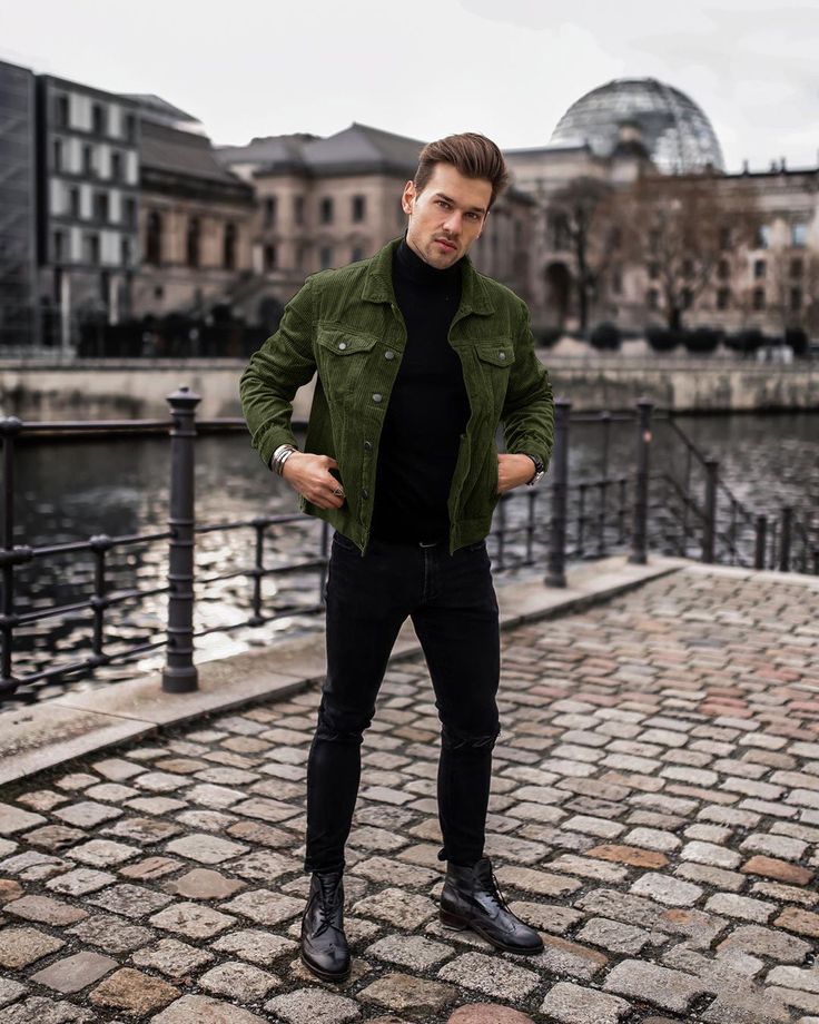 Green jacket black jeans outlet
