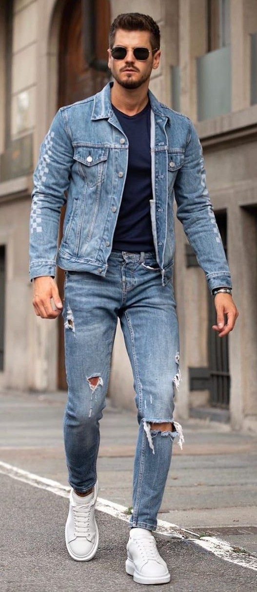 Distressed Jeans paired a Light Wash Denim Jacket