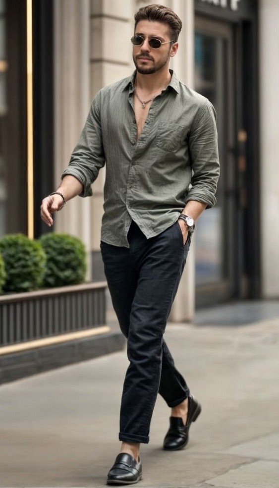 Black Jeans and Olive T-shirt Outfits