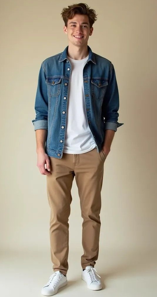 Navy Blue T-shirt and Tan Pants Outfits