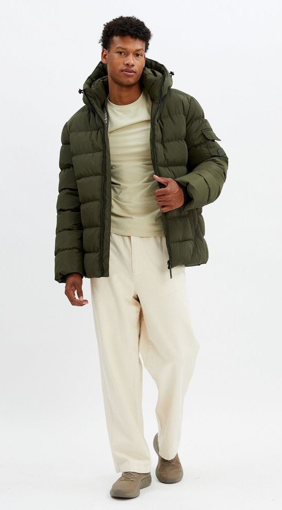 Sage Green Puffer Jacket with Cream Pants